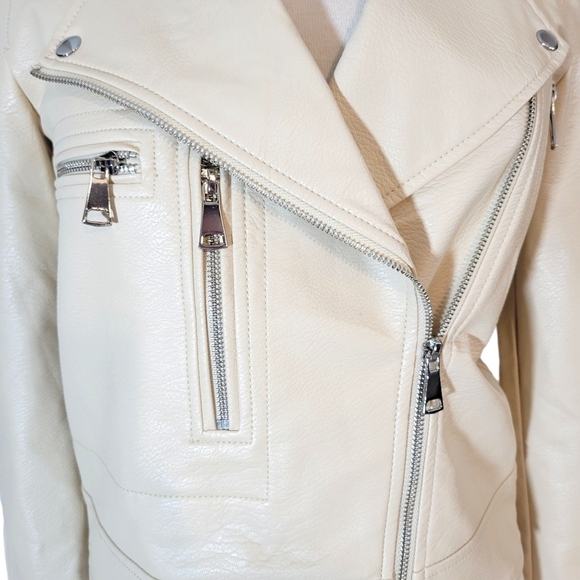 Elizabeth and James Cream Faux Leather Asymmetric Zip Moto Jacket - Picture 3 of 9